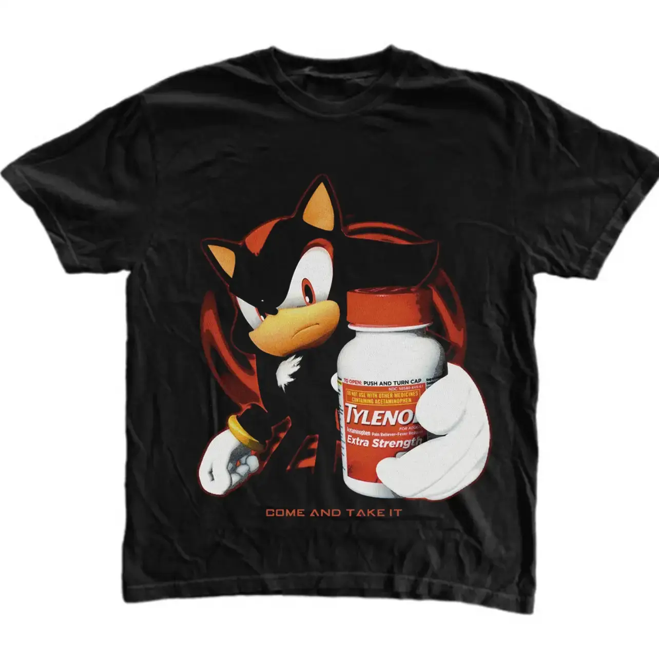 Unisex "Tylenol" Come And Take It Printed Cotton Round Neck T-Shirt - Shadow the Hedgehog Graphic Tee, Casual Gothic Grunge Y2k Emo Scene Amity Affliction Style, Streetwear with Comfortable Fit Black Crewneck