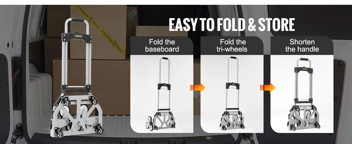 VEVOR Stair Climbing Cart,  Max. 550 lbs Load Capacity, Foldable Hand Truck with 32.3-45.7 inch Adjustable Handle Height, 4 Universal Wheels & 2 Elastic Ropes, Multipurpose Dolly for Warehouse Shopping