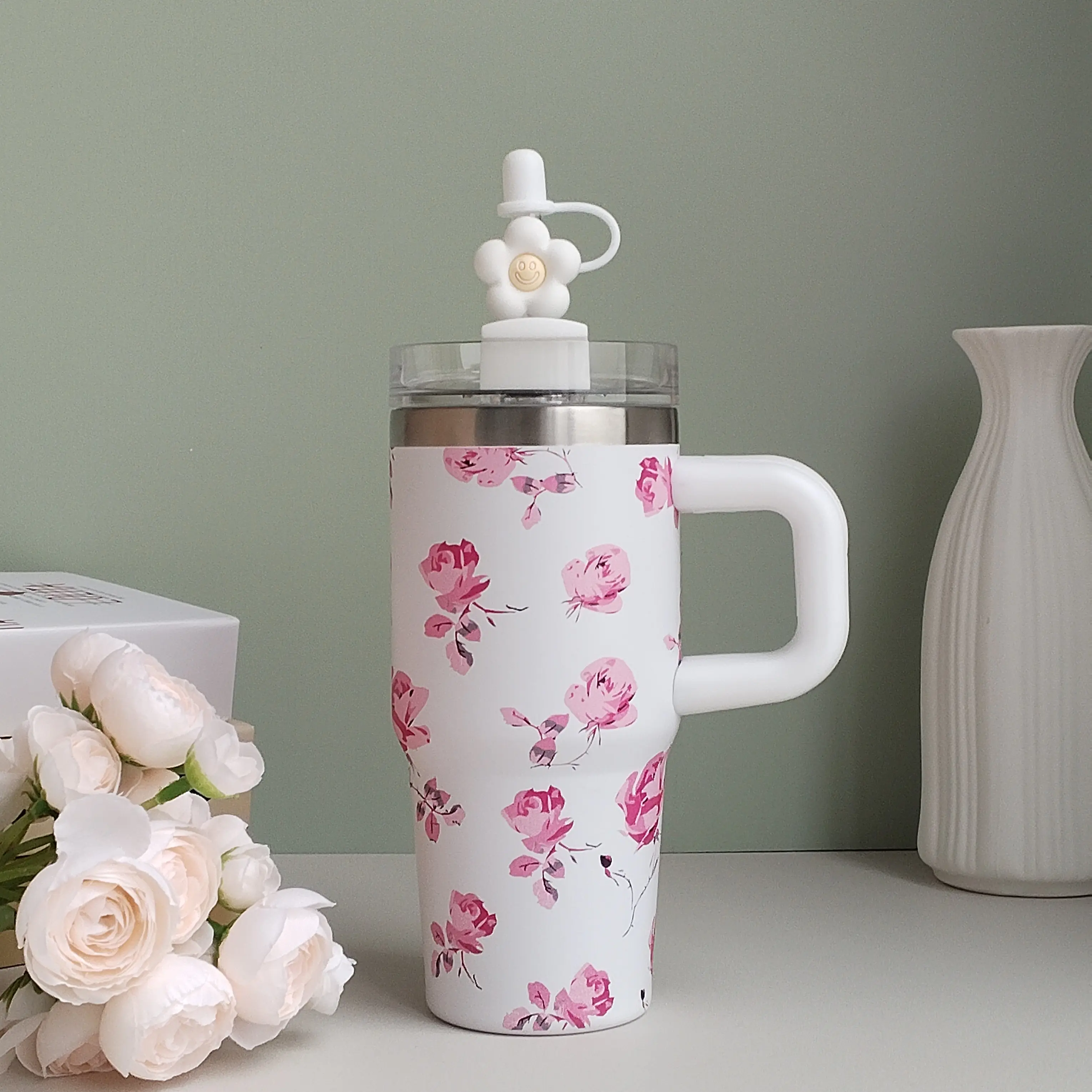 14oz Insulated Tumbler with Straw – Floral & Bow Design