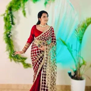 New iconic Premium high-quality gold Simor work original mirror work dopata attach new design Party wear sar set  Blouse to design full sleeve in half sleeve sari Piko first done blouse full stitch