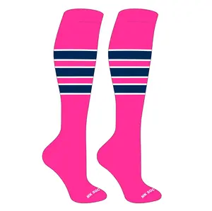 MK Socks Striped Knee High Baseball, Football Socks (C) Hot Pink, White, Navy