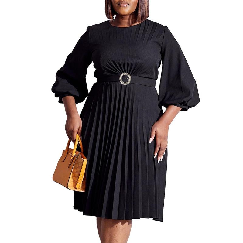 Women’s Pleated Midi Dress with 3/4 Puff Sleeves, Round Neck and Ring-Buckle Belted Waist, A-Line Silhouette with Back Keyhole — Elegant Choice for Work, Church & Wedding Guests