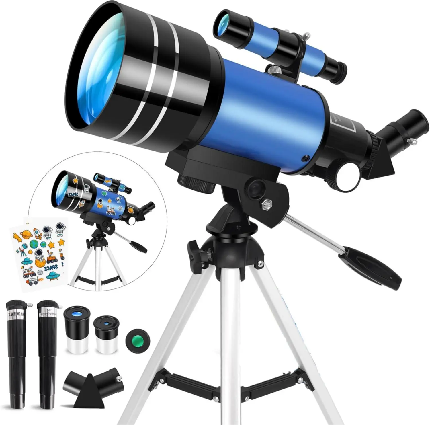 Refractor Telescope for Kids & Beginners - 70mm Aperture, 300mm Focal Length, Multi-Coated Lens, Portable Outdoor Stargazing STEM Gift Set with Space Stickers