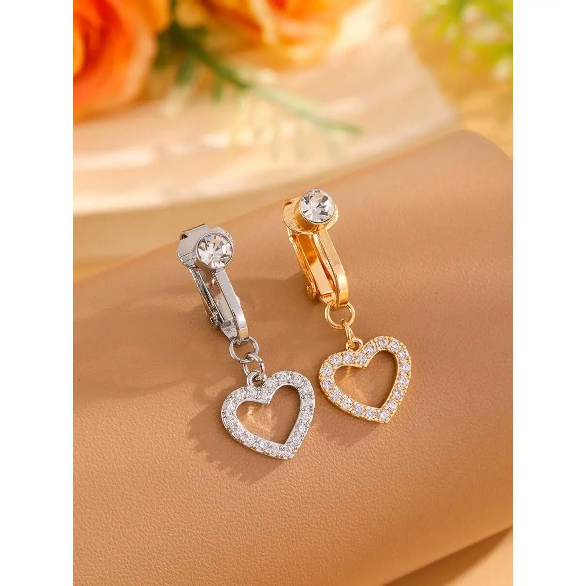 1pc Non-Pierced Belly Button Ring with Hollow Heart Clip for Women - CZ Inlaid, Perfect for Daily Wear