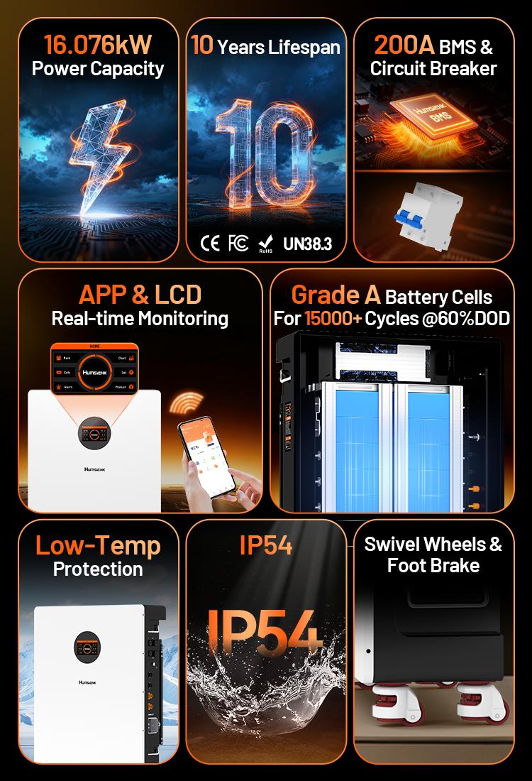 【Truck Delivery】HumsiENK 48V 314Ah LiFePO4 Lithium Battery - Offgrid power & Solar System Compatible, Bluetooth, Active Balancing, Wall-Mounted, 16kWh, 200A BMS, LCD Monitor, Grade A Cells, 15000+ Cycles, 10-Year Lifespan for Home Energy Storage