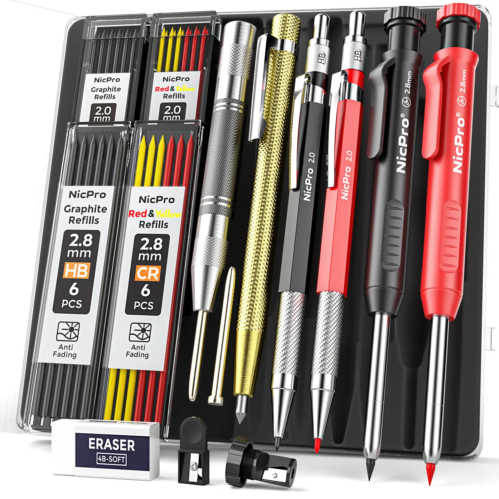 Nicpro 6 Pack Carpenter Pencil Set with Sharpener, Mechanical Carpenter Pencils with 40 Refill, Automatic Center Puncha and Carbide Scribe Tool, Heavy Duty Construction Pencil for Architect - with Case,back to school,back to school shopping