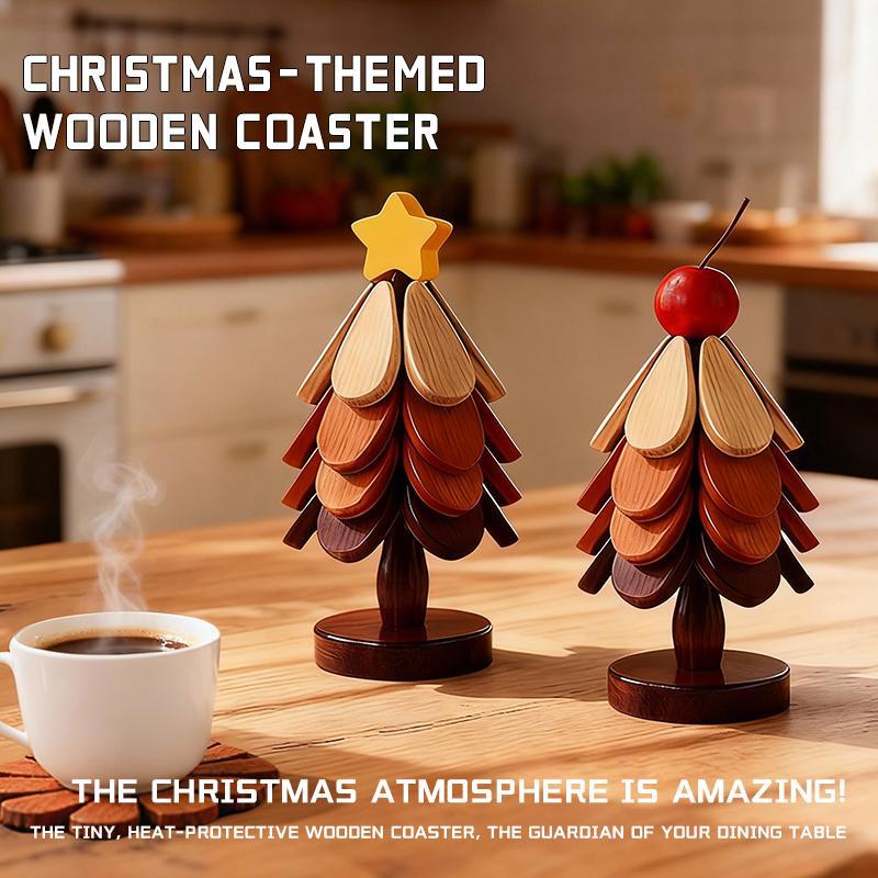 MUNBYN  Christmas tree trivet wooden trivet, (4 Wooden Trivets &1 Stand)- Kitchen, Heat-Resistant Foldable Design,High-Quality Solid Wood,Ideal for Hot Dishes, Pots, Bowls, Teapots,family goodies,Perfect Christmas Day Gift!