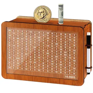 $10000 Larger Size Savings Challenge Box - Cash Vault Wooden Money Savings Box for Adults Kids - Kakeibo Money Bank - Wooden Cash Coin Piggy Bank with Counter and Dry Erase Pen - Brown
