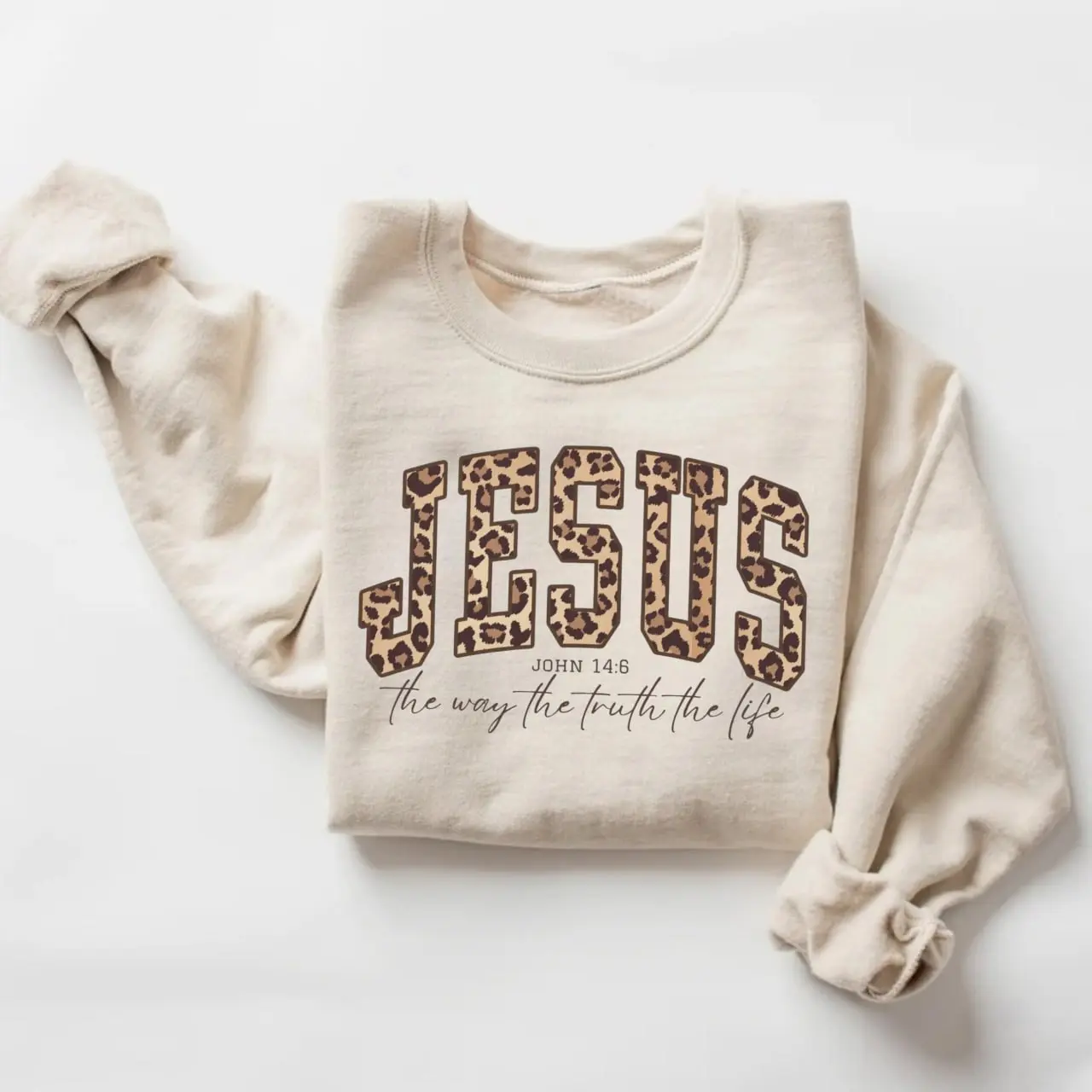 Christian Jesus Sweatshirt, Cheetah Print Bible Verse Sweatshirt, Trendy Faith Apparel Gift, Jesus Loves You, The Way The Truth The Life, Womenswear