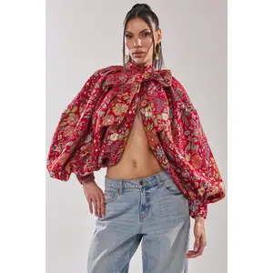 ETHEREAL FLORAL PUFF SLEEVE BROCADE TOP