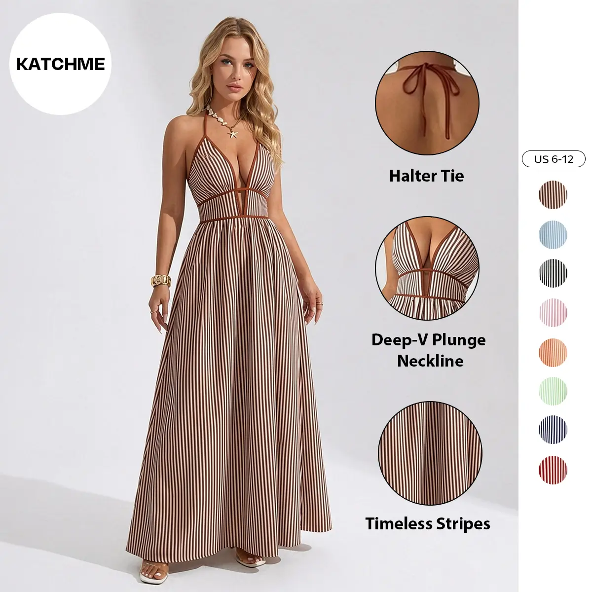 Katch Me Chic Women's Elegant Pinstripe Deep V Neckline Adjustable Halter Maxi Dress,  Summer Lightweight Dresses for Beach Holiday, Comfort Women's Clothing Vneck