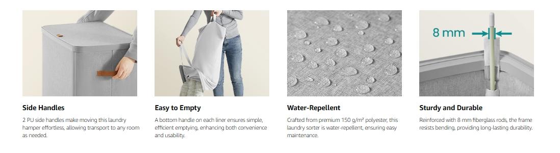 SONGMICS Laundry Basket, 44.9 Gal. Laundry Hamper, 2 Compartments, Easy Assembly, with Lid and Handles, Removable Inner Bags, Joseph