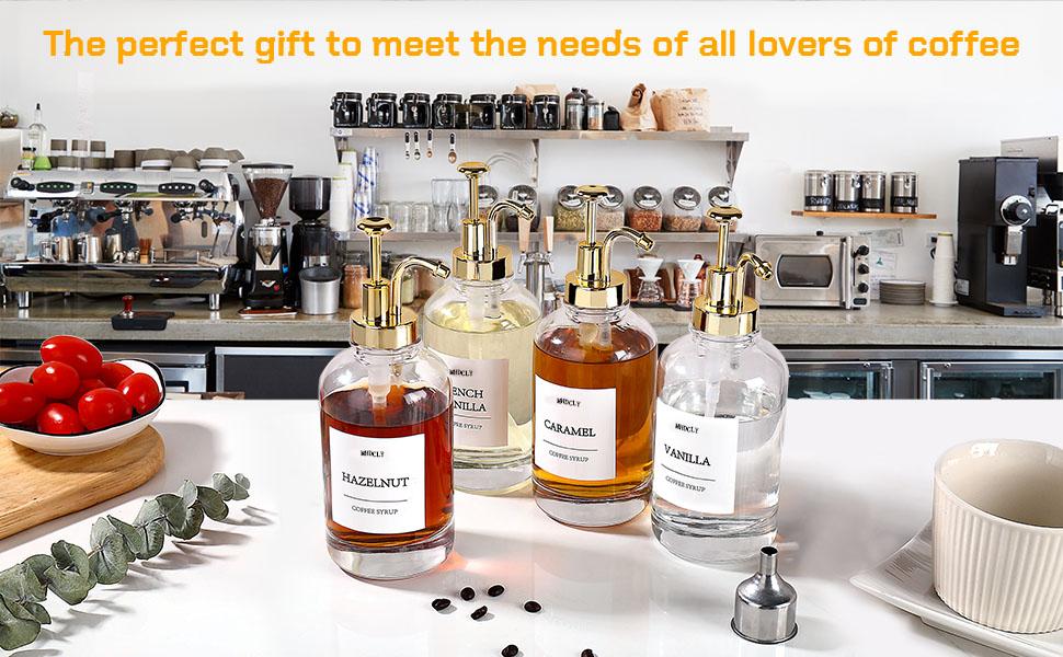 4 Pack Coffee Syrup Dispenser Glass Bottles with Pump 16.9oz Clear Glass Bottles with Pump Coffee Bar Accessories Clear Glass Soap Dispenser Set with Labels Silicone Funnel Whiteboard Marker Leak Proof Easy to Clean Home Goods - Smooth