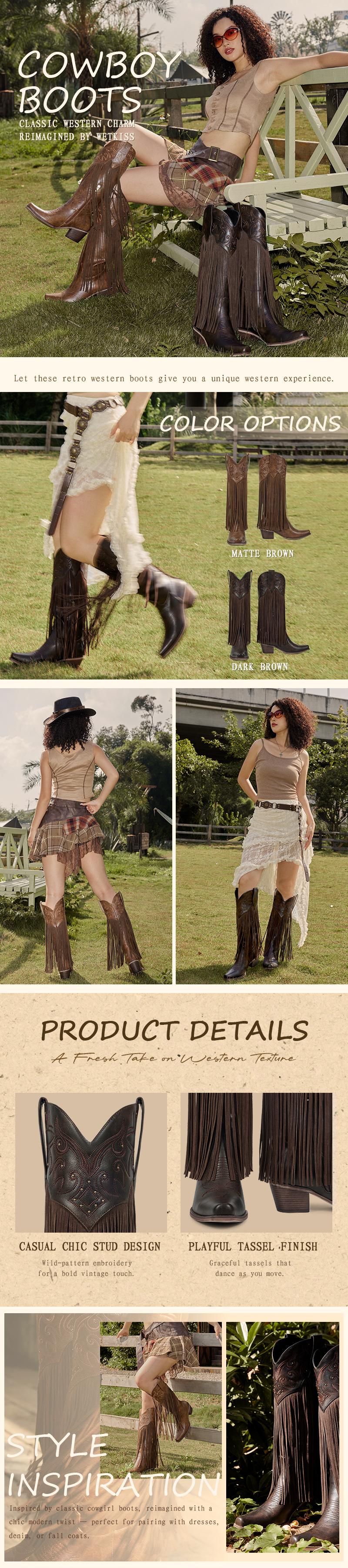 Wetkiss Western Cowgirl Chic Meets Casual Cool – Stud & Tassel Block-Heel Boots Perfect for Dresses & Denim,2.1in heel,Brown Tones All-Year Wear ,Women's Shoes,Women's Boots Footwear #TikTokShopSpringGlowUp