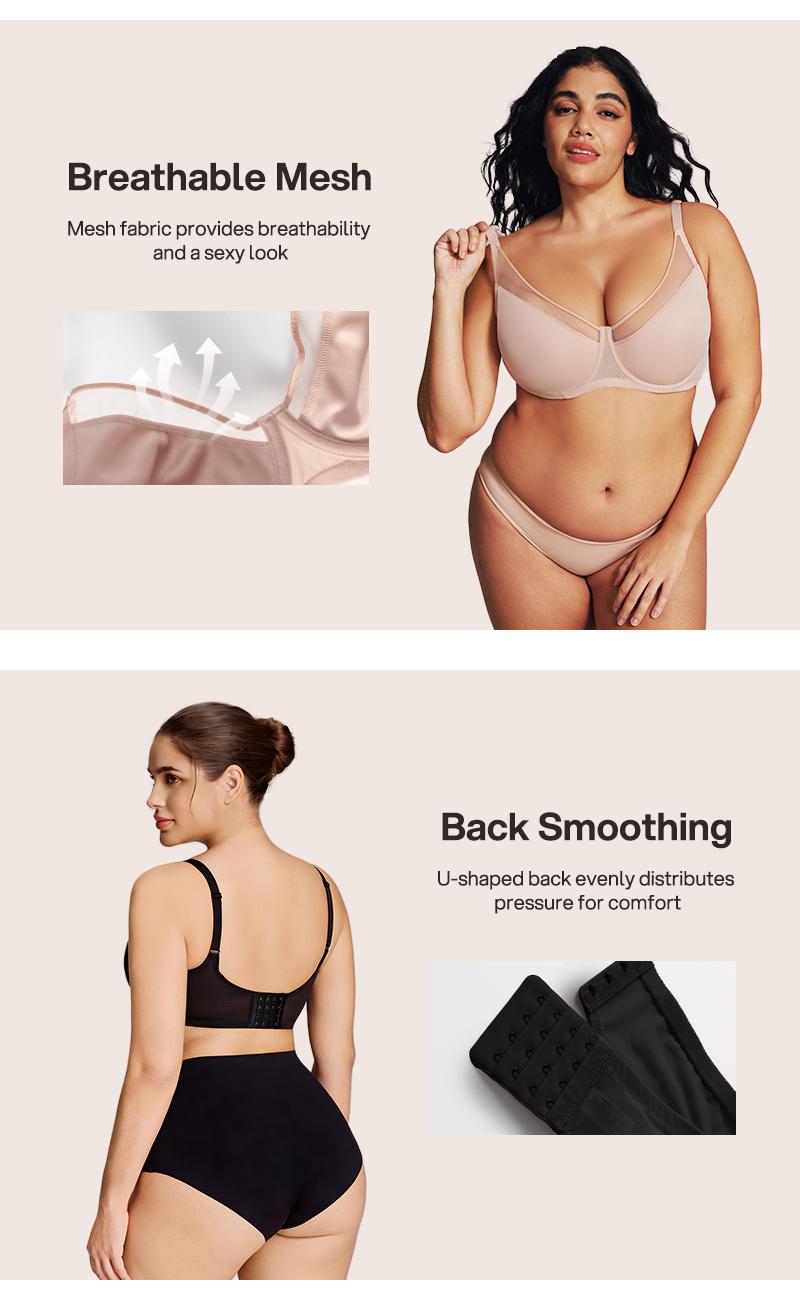 Lilylove Unlined Breathable Mesh Minimizer Full Coverage Non-padded Underwire Comfortable Fit Adjustable Straps  V Neck Plus Size T-shirt Bra for Big Busted Women B-DDD
