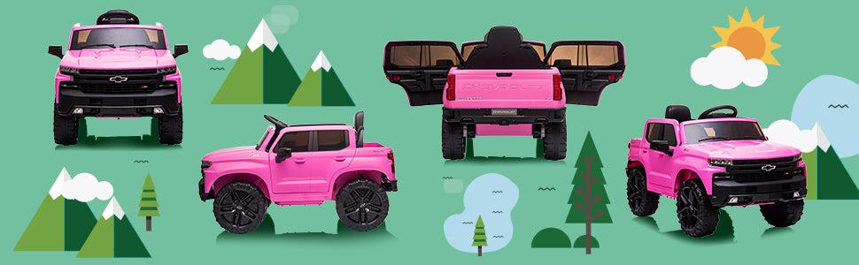 GARVEE 12V Battery-Powered Ride-On Car - Licensed Chevrolet Silverado GMC Truck for Toddlers with Remote Control, MP3/Bluetooth, Spring Suspension, LED Lights, Available in Black, White, Pink, and Red.