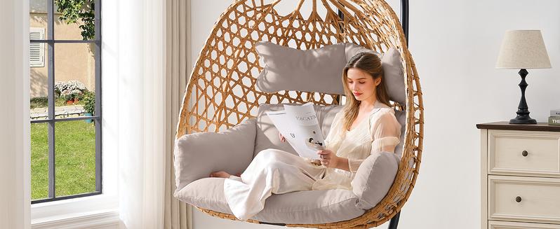 【Valentine's Day Gift】ONBRILL Double Hanging Egg Chair with Stand Bohemian Knot Style Hammock Swing Chair Foldable Basket Denser Weaves 650 Lbs Capacity Loveseat UV Resistant Cushion for Patio Backyard