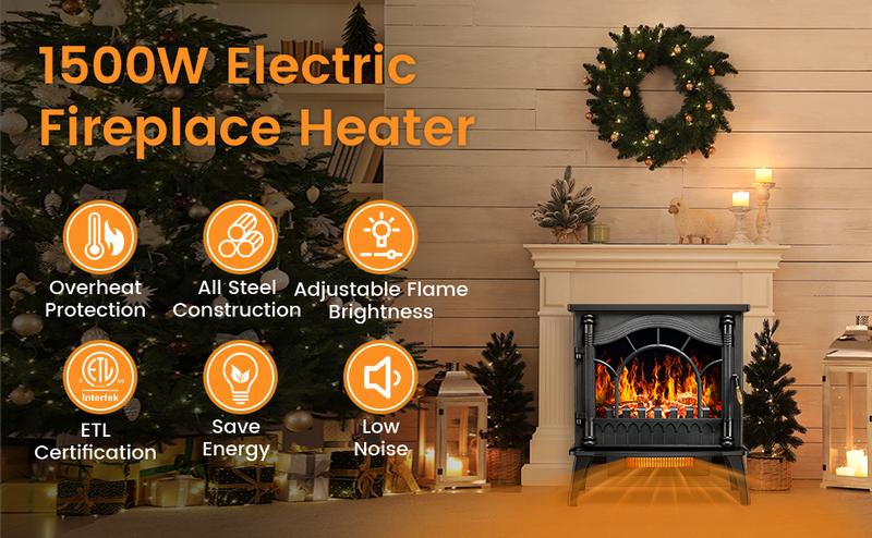 R.W.FLAME Electric Fireplace Heater , 16" Freestanding Fireplace Infrared Stove, 3D Realistic Flame Effects, Adjustable Heating Mode, Overheating Safe Design, Black, ETL Certified
