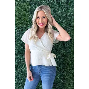 Short Sleeve Wrap Front Woven Top w/ Tie