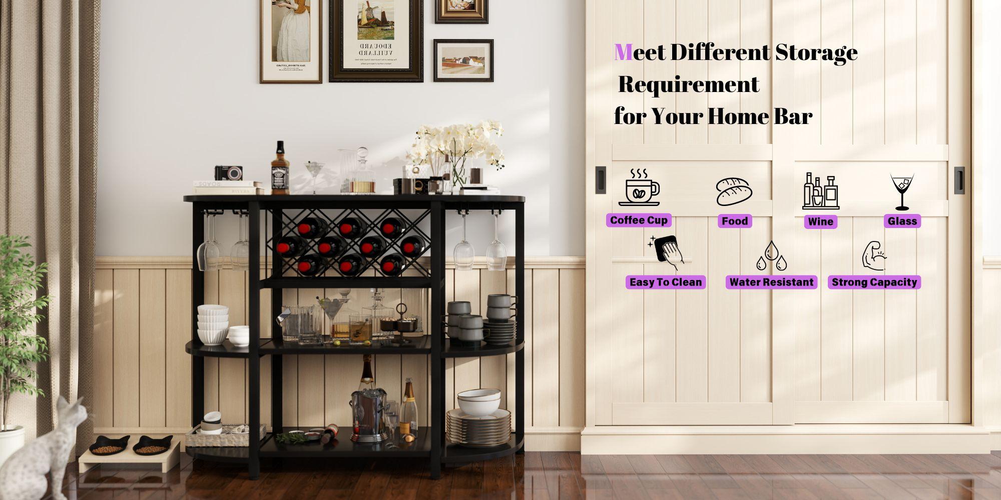 Home Bar Table, Wine Rack, Freestanding Storage Table, Stylish Utensils Bottle Grid Wooden Metal Coffee Sturdy Metal Coffee Glass Kitchen Adjustable Power Outlets, Led Lights