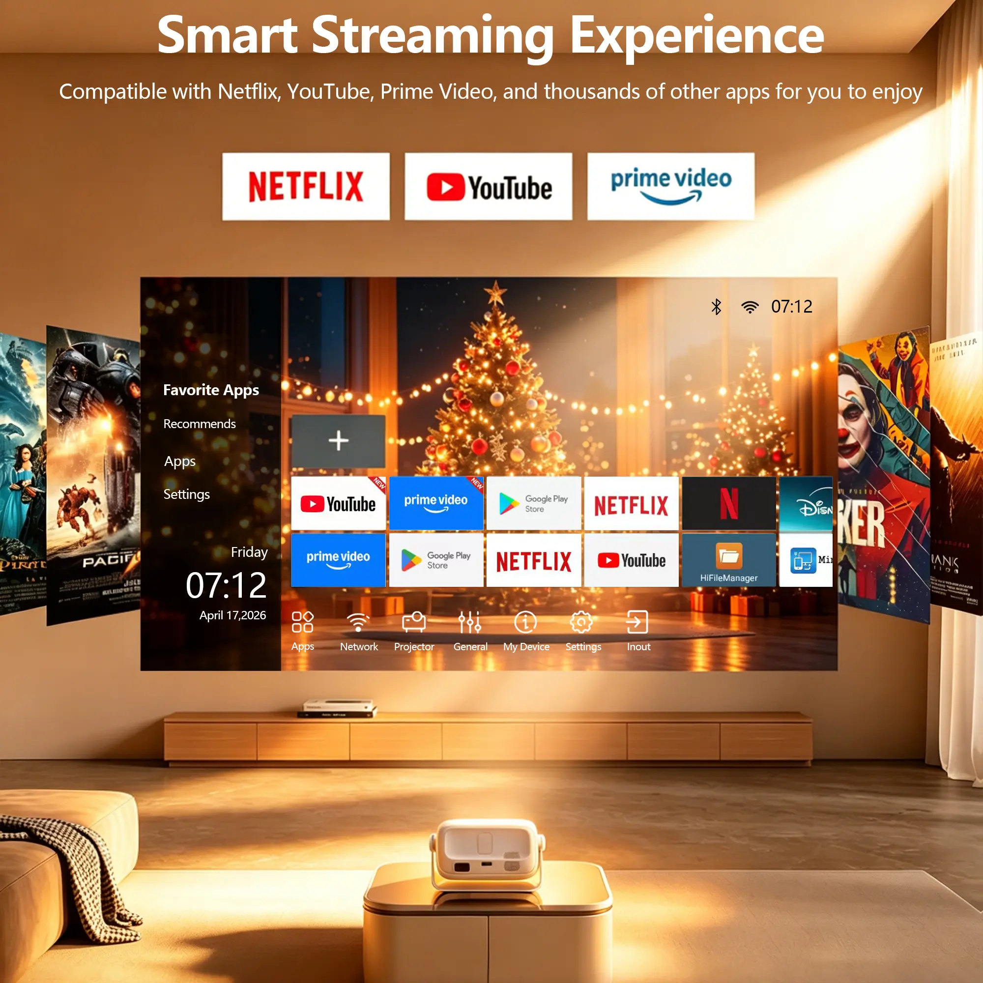 [US Warehouse] 2026 T6 Smart Projector, New Year， 4K Decoding,  Dual Wi-Fi 2.4+5G Wireless, Bluetooth, Autofocus, 180° Rotation, 150-Inch HD Display, Built-In Audio Speaker, Home Use Home Cinema Projector