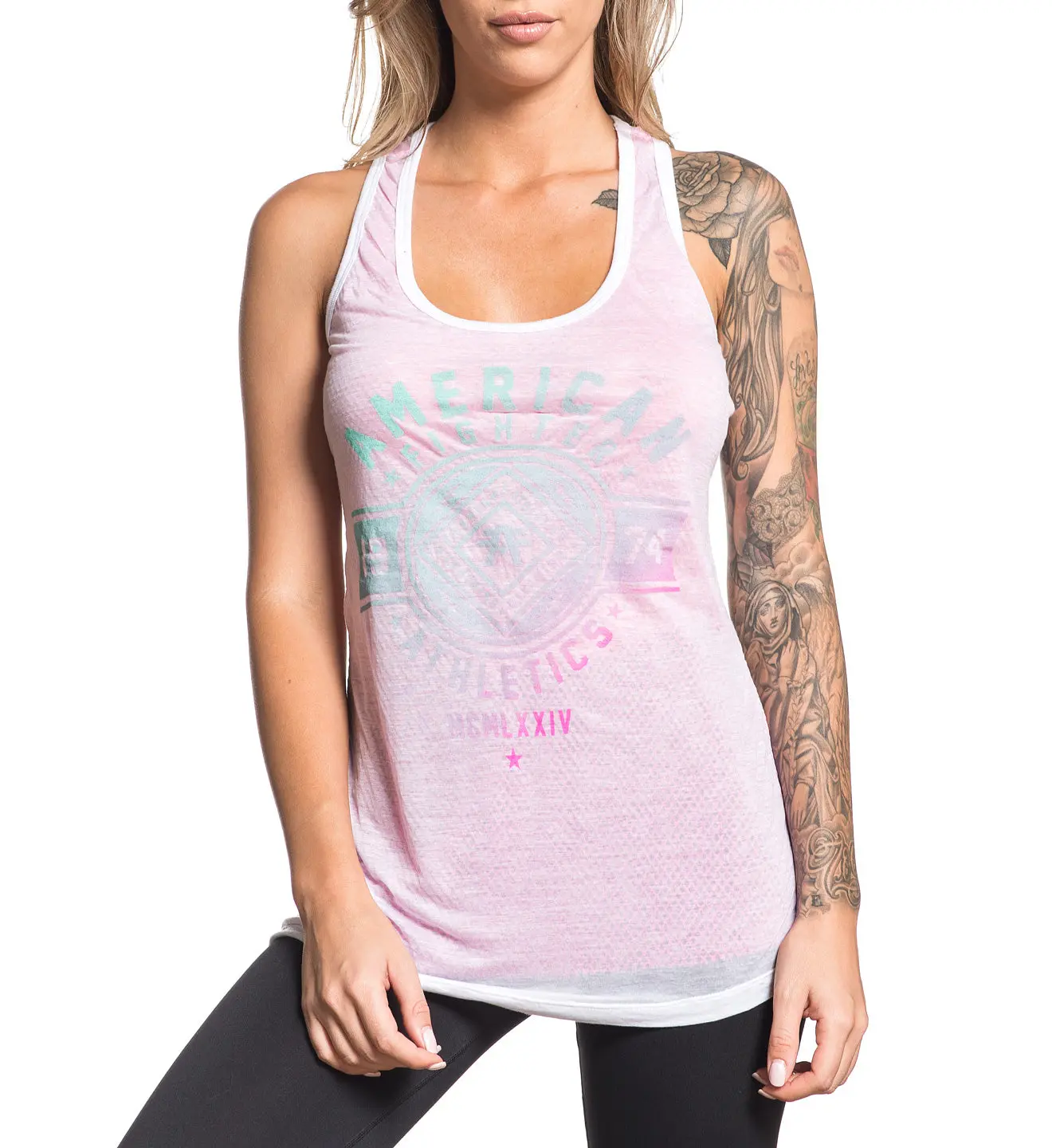 American Fighter Women's Chestnut Hill Tencel Racerback Tank in Neon Pink, Casual Sleeveless Top with Front & Back Graphic Print