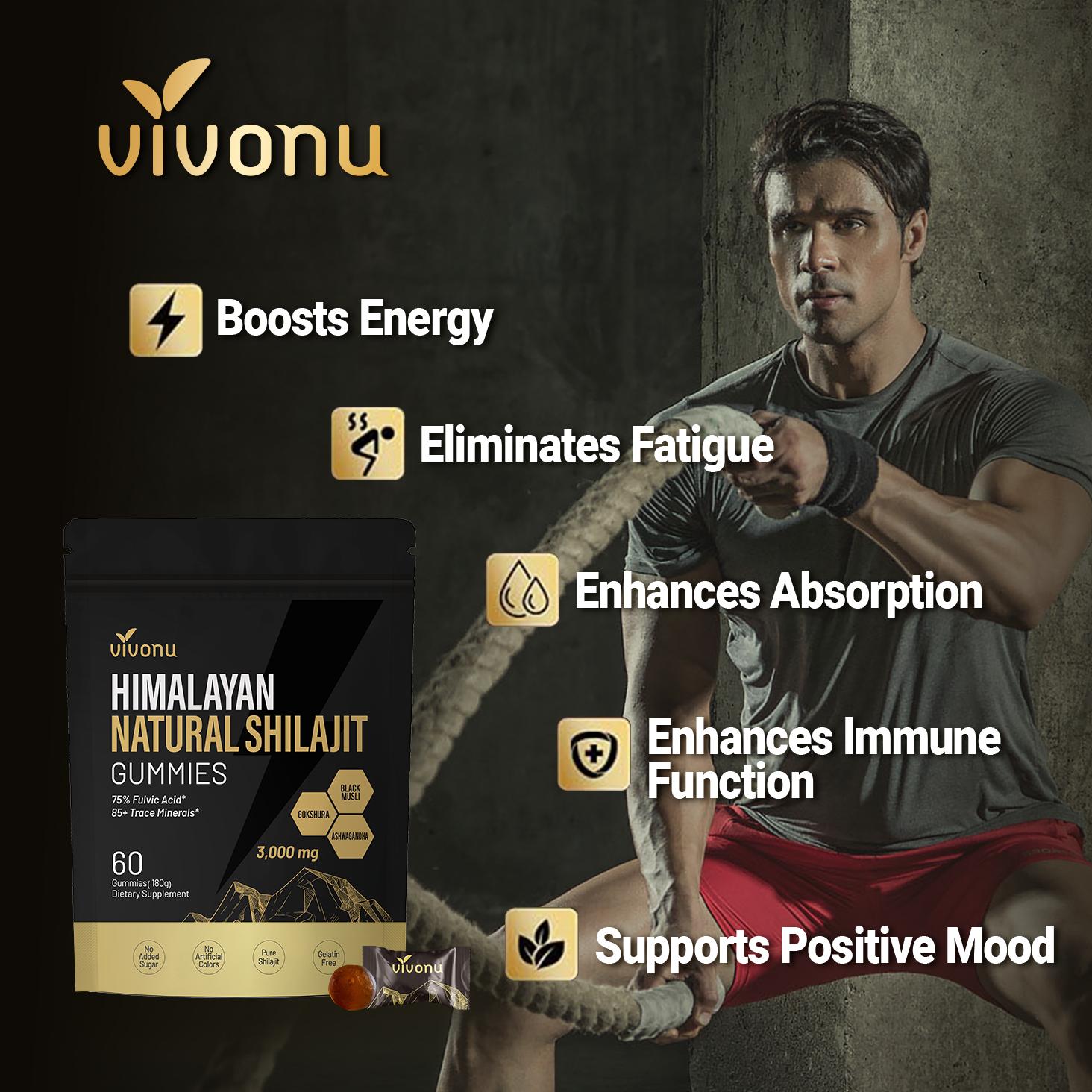 VivoNu Himalayan Shilajit Gummies | With Ashwagandha, Gokshura & other herbs | No added sugar | 60 Gummies