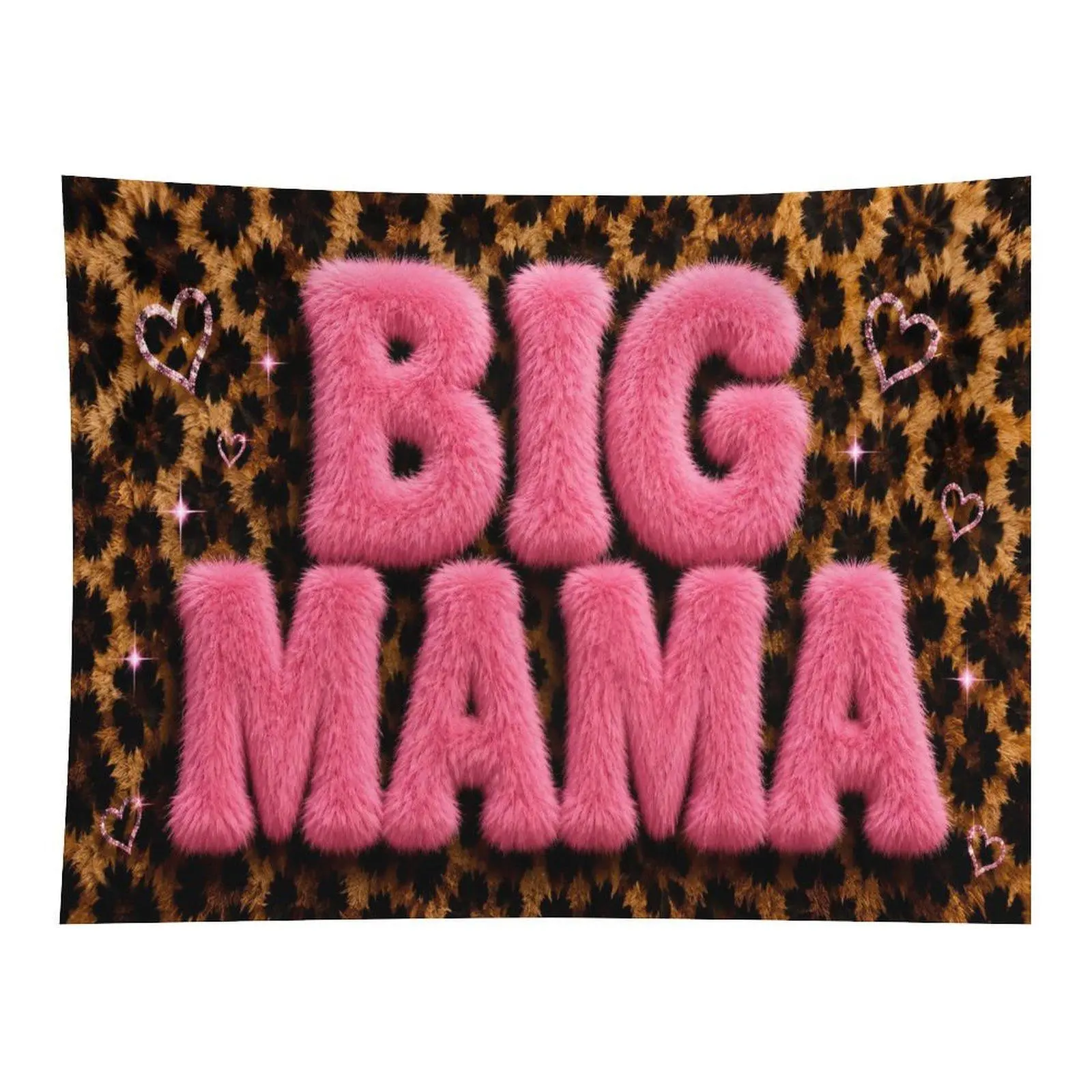 Pink Fluffy Furry BIG MAMA Letter Words Glitter Rhinestone Hearts Brown Leopard Print Background Girly Wall Tapestry For Teen Girls Room Decor, Home Accessory