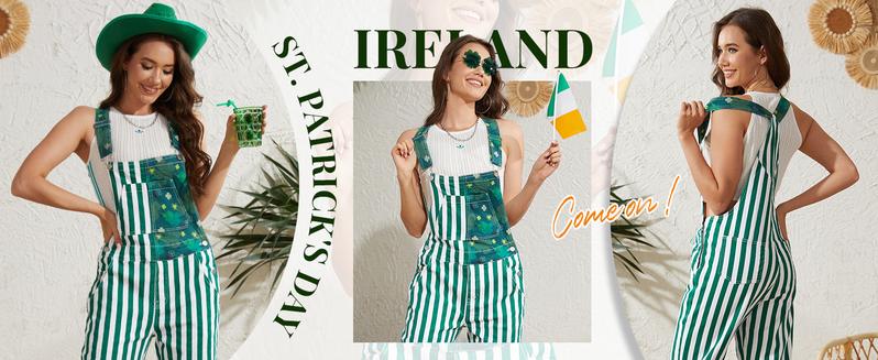Yuanbang St Patrick's Day Overalls for Men Lucky Irish Romper Green Stripes Print Bib Stretch Denim Coveralls Adjustable Straps Jumpsuit Holiday Menswear Festival Beer Party Mardi Gras Outfits Dad Gifts Football Outwear