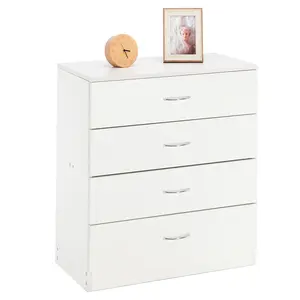 [] FCH Modern Simple 4-Drawer Dresser - White P2 Grade 15mm Particle Board, Elegant Design for Family Room, Bedroom, Living Room, Indoor Use, Perfect Home Decoration