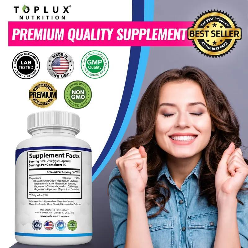 3x TopLux Nutrition Magnesium Complex 1000mg 90 Capsules 7 Elemental Sources Men Women Bone Muscle Sleep Immune Support Nature Decent Fitness Dietary Supplement Malate Taurate Chelated for Easy Absorption for Bones Muscle Recovery Energy