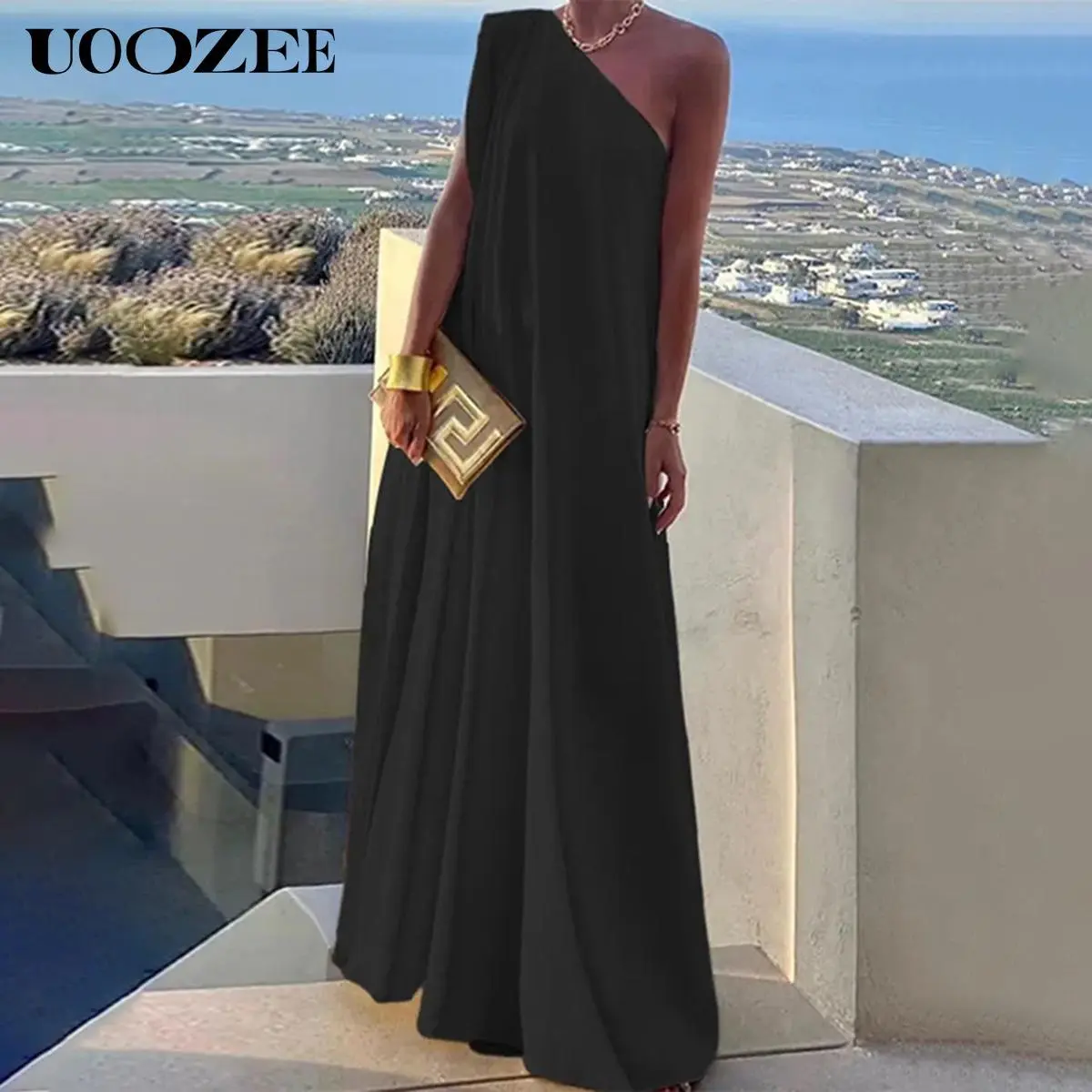 UOOZEE Women's Casual Loose Asymmetric Solid Color Split-Joint One-Shoulder Maxi Dresses, Party, Holiday Elegant Style, Chiffon Fabric, birthday outfit One Size Up Recommended for C - Cup and Above Summervibes, Comfortable, Lady
