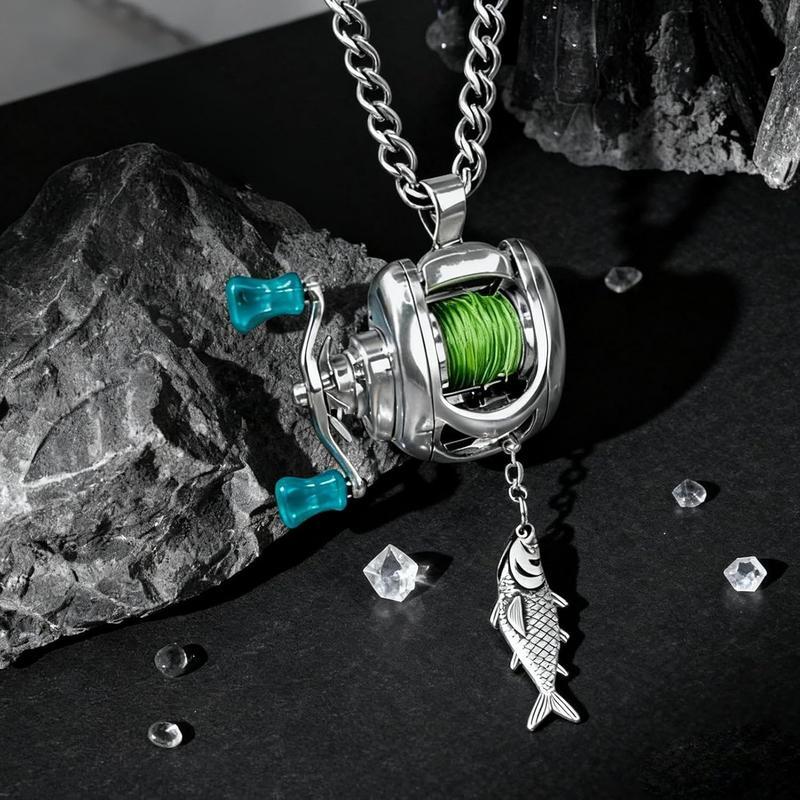 Functional Rotating Mini Fishing Reel Necklace – Real Moving Line Guide Pendant for Fishermen, Anglers & Fishing Enthusiasts