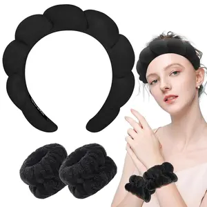 1 pack Spa Headband for Washing Face Wristband Sponge Makeup Skincare Headband Terry Cloth Bubble Soft Get Ready Hairband for Women Girl Puffy Padded Headwear Non Slip Thick Hair Accessory(Black)