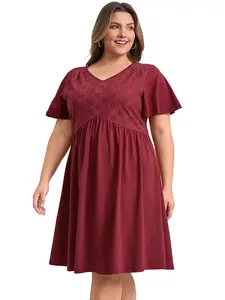 GRACE & GRANDEUR Women's Plus Size Summer Dresses V Neck Ruffle Sleeve Pleated Swing A-Line Dresses