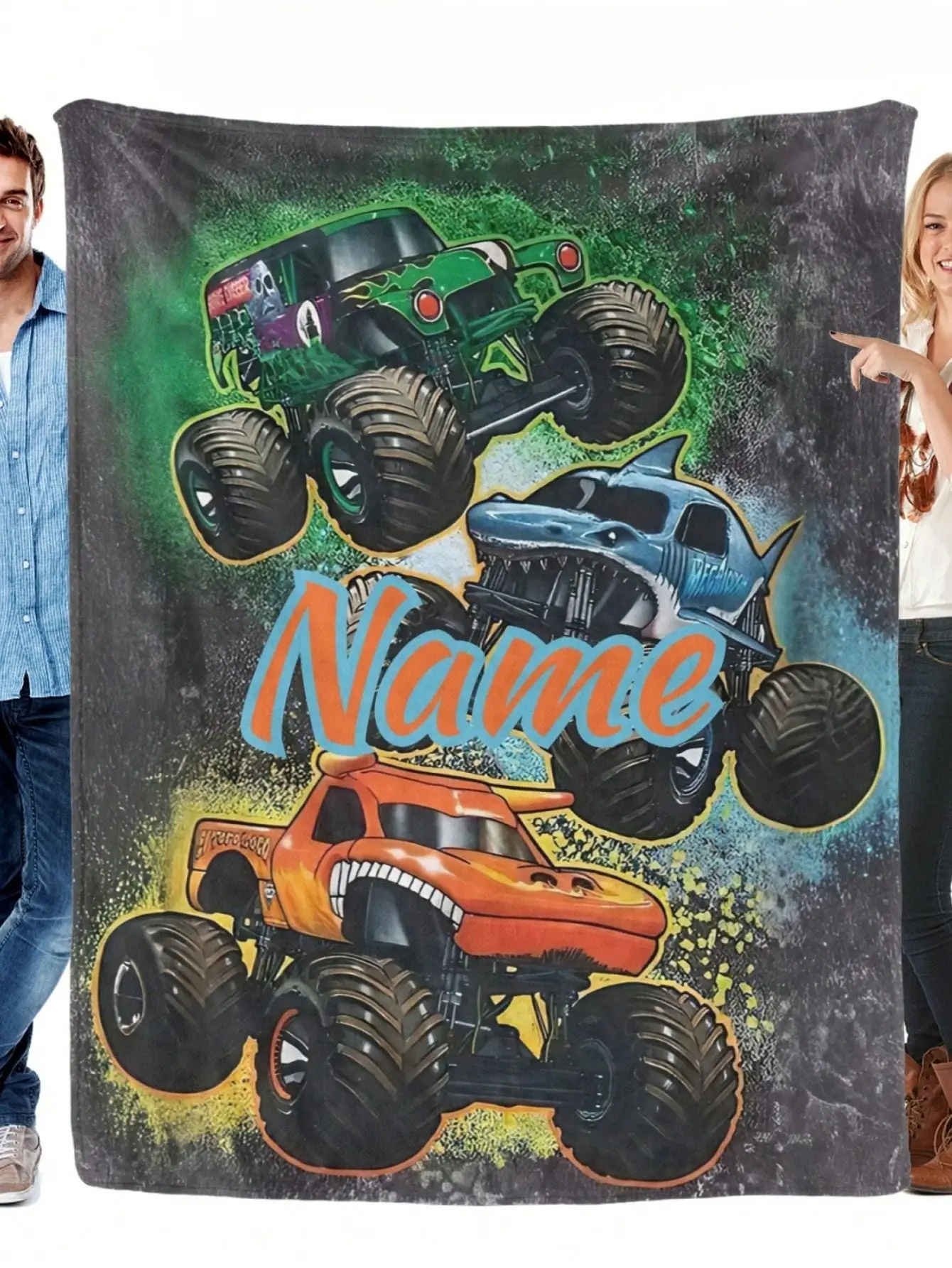 Personalized monster truck racing bed sheet, custom name/text bed sheet with monster truck and number design, plush flannel all-season blanket, bed, sofa, gift