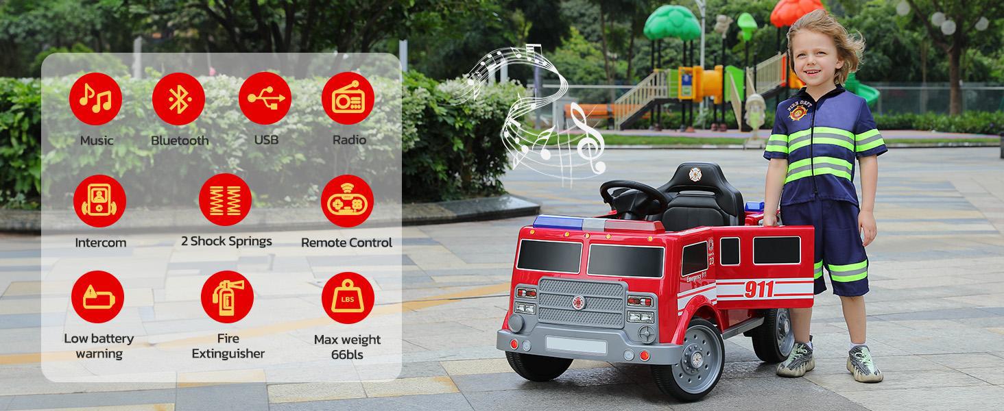 12V Fire Truck Police Car, Electric Ride on Car for Kids with Remote Control Battery Powered Toddler Car Siren-Call,walkie-talkies, Flashing Lights,Bluetooth,Music Ages 36+ Months