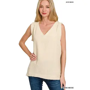 Zenana Double Gauze Raw Edge Acid Washed Tank Top