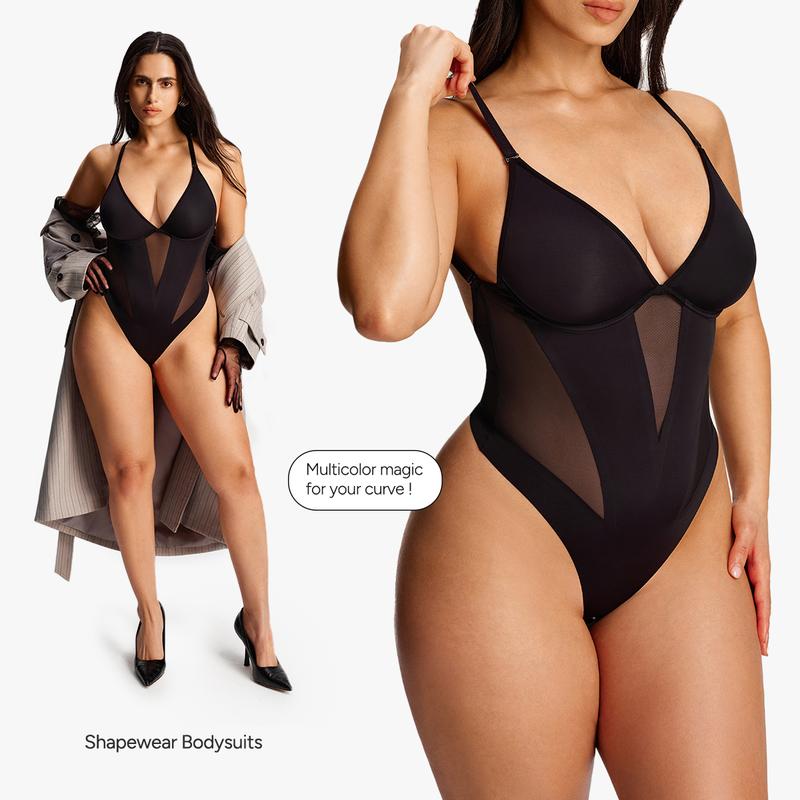 Nebility Women's Deep V Mesh Shapewear Bodysuit with Adjustable Straps for Chest Support and Tummy Control Thong Design for Snatched Waist Womenswear Compression Basic Minimalist Black
