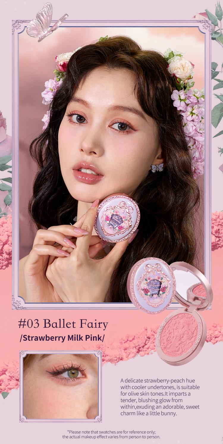 Flower Knows Midsummer Fairytales Collection Embossed Blush, Floral Velvet Embossed Blush Powder, Brightening Velvet Blush Makeup for All Skin Types, #Summervibes