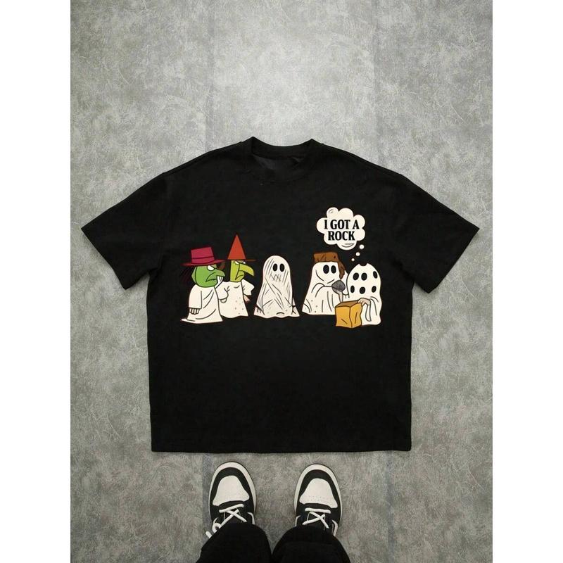 Peanuts Halloween Characters I Got A Rock Graphic T - Shirt,Comfortable Casual Short Sleeve, 180 Grams Heavyweight Cotton Printed T-Shirt,Oversized,Halloween