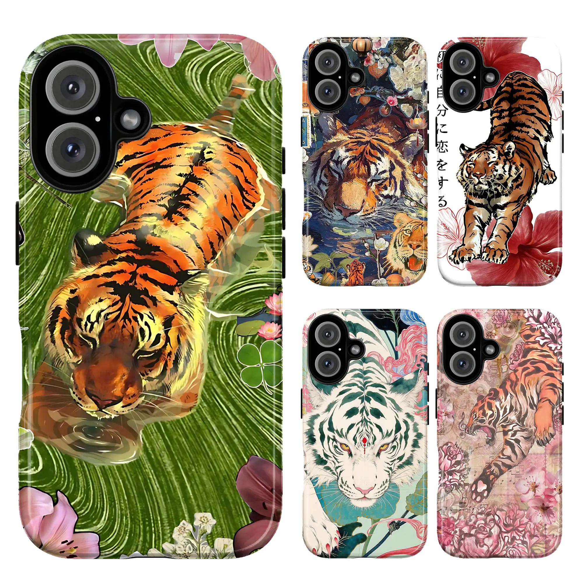 Tiger Chinese Phone Case Set, tiger resting pool animals floral stylized tiger red hibiscus white tiger eyes leaping tiger intricate vibrant retro vibes aesthetic gift fashion vibes, iPhone 17 16 15 14 13 12 Pro Max Plus, Galaxy S26 S25 S24 S23 S22 Ultra