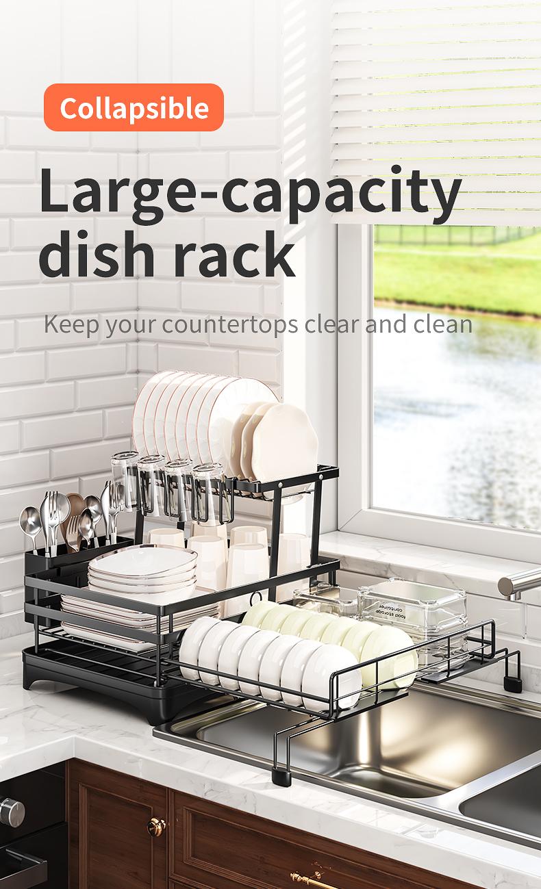 Foldable Over Sink Dish Drying Rack|Pull-Out 2-Tier Dish Drainer with Utensil Holder|Space Saving Kitchen Organizer for Small Kitchens Foldable Over Sink Dish Drying Rack|Pull-Out 2-Tier Dish Drainer with Utensil Holder|Space Saving Kitchen Organizer for Small Kitchens