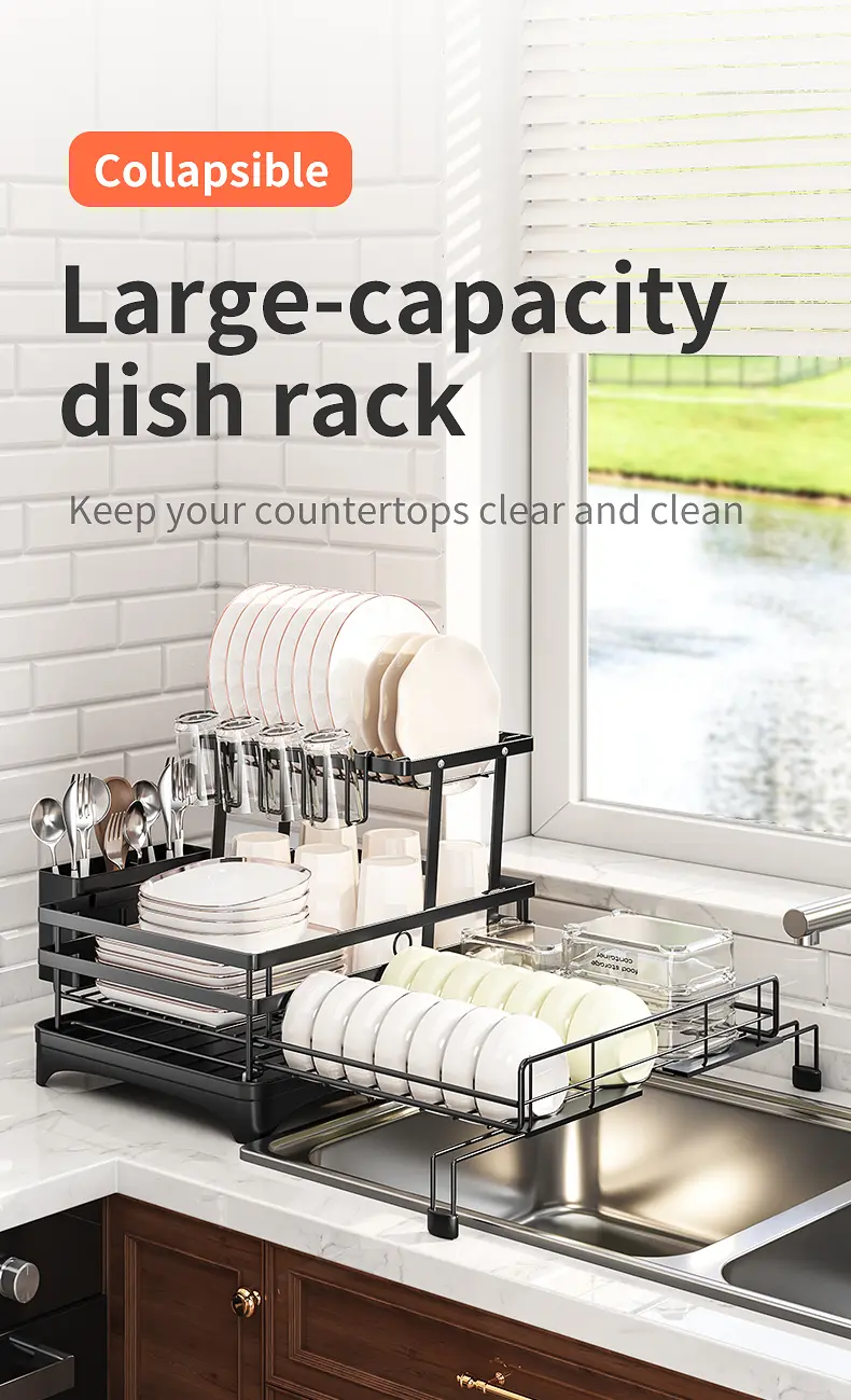 Seashark Foldable Over-Sink Countertop Dish Rack - Pull-Out 2-Tier Dish Drainer with Removable Utensil Holder, Adjustable Organiser, 360° Sink Drain for Small Kitchens, Home Goods, Apartment Stuff, Small Room Organization Products