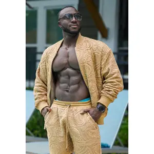 Pune Crochet Bomber Jacket for Men - Casual Collar Elastic Hem Geometric Design Fashion Coats in Fabric Menswear Jeans Knit Original Paisley Pockets