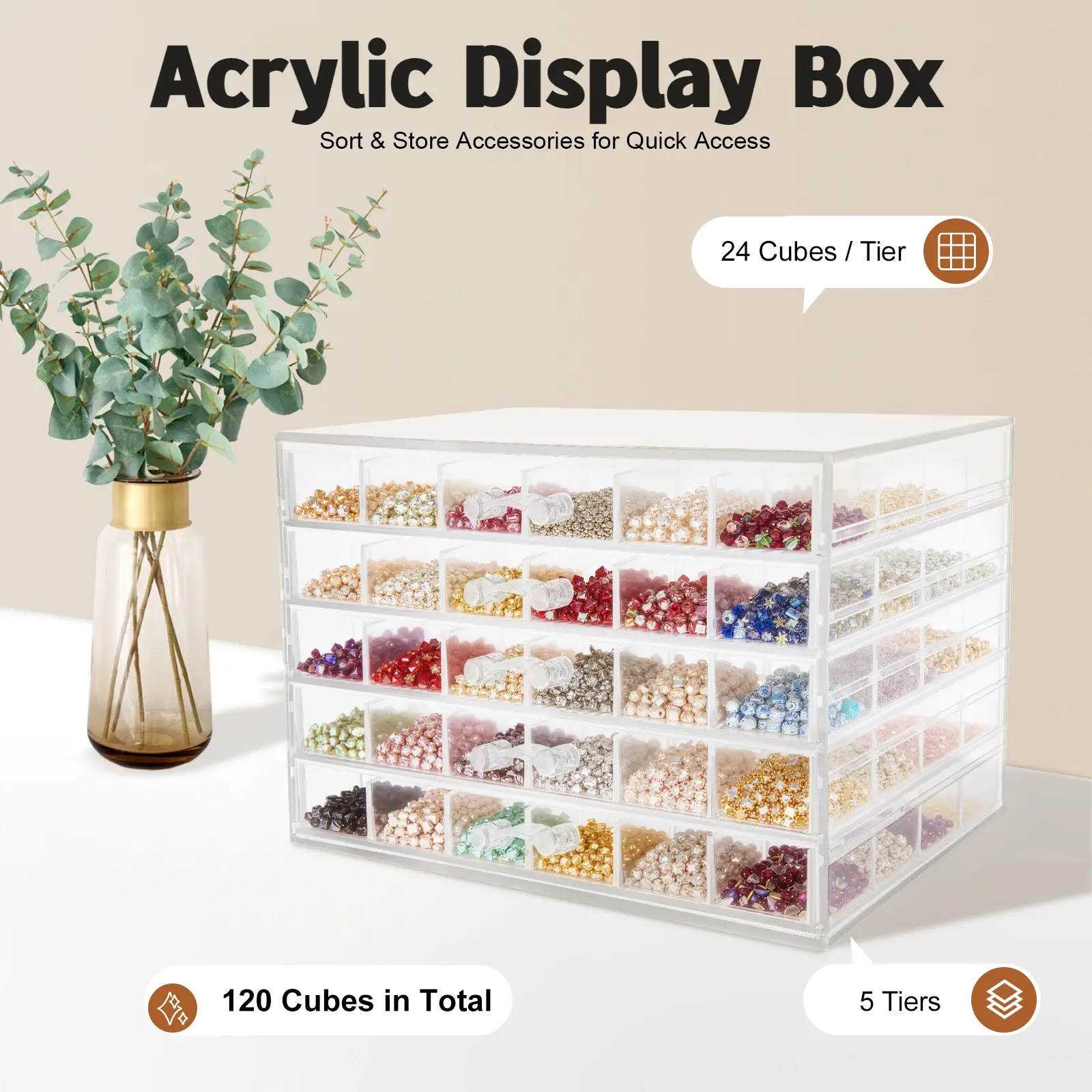 CNCEST Transparent 5-Drawer Rectangle Acrylic Plastic Storage Boxes - 120-Compartment Water-Resistant Durable Multilayer Cabinet for Women's Rhinestones, DIY Nail Decor - Space-Saving Organizer for Cleaning