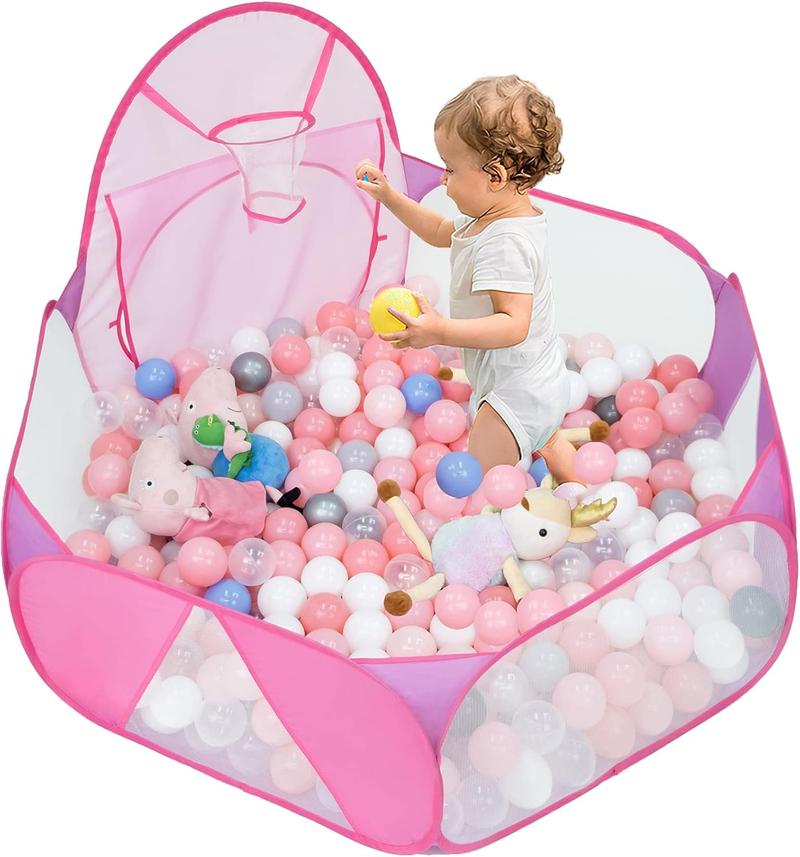 Christmas Gift for Kids Large 4FT Pink Ball Pit Tent with Basketball Hoop Pop Up Playhouse for Toddlers Indoor Outdoor Playpen with Zipper Bag Balls Not Included