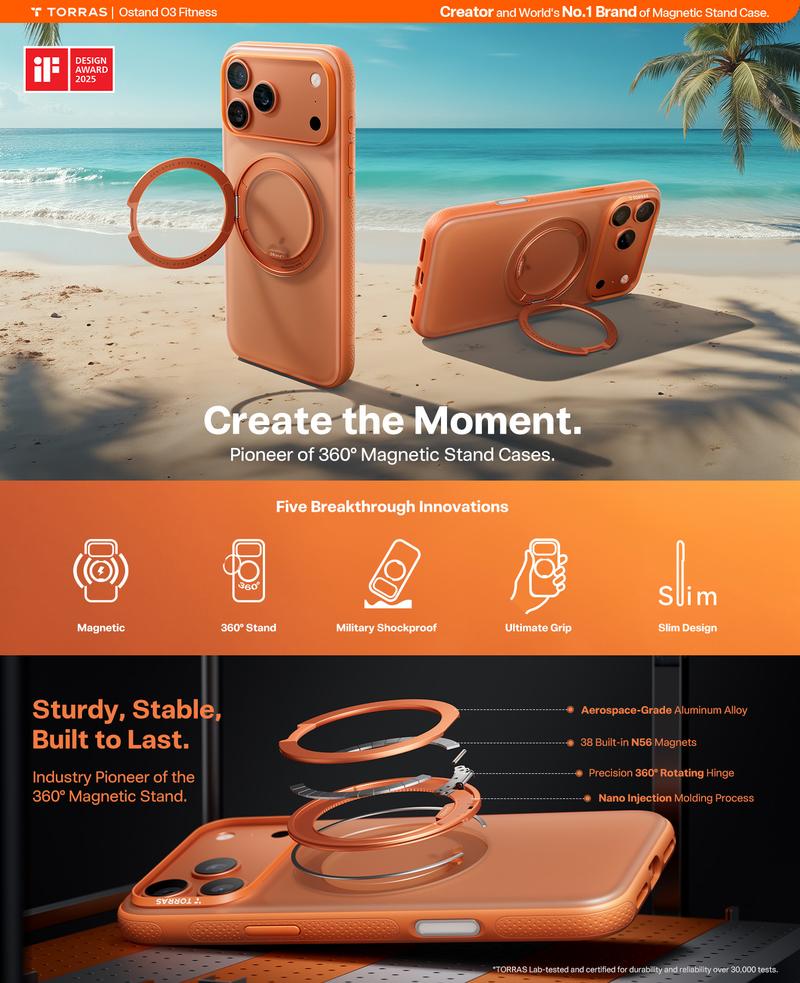 TORRAS OStand Fitness 360° Rotating Magnetic Stand for iPhone 17/16/15 Pro Max Case, [MagSafe Compatible] [Military-Grade Protection][Enhanced Grip & Slim]
