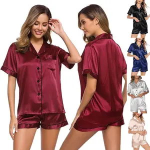 Womens Set 2 Piece Satin Pjs Soft Button Down Sleepwear Wide Leg Long Pants with Pockets