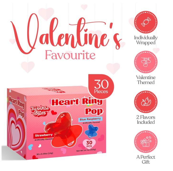 30 Pack Valentines Day Ring Candy – Individually Wrapped Holiday Themed Lollipops – Strawberry, Blue Raspberry Delicious Flavors – Bulk Suckers Great Use, For Kids Party Favor, Classrooms Partys, Goodie Bags